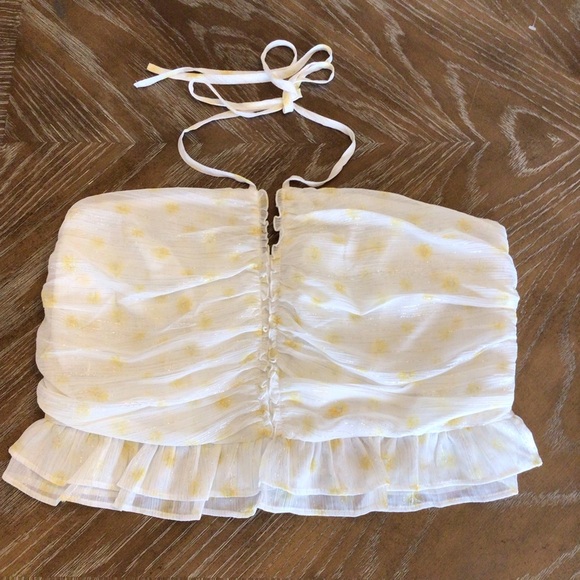 Forever 21 Plus Yellow Polka Dot Print Metallic Ruffled Halter Top Size 0X - Picture 7 of 14